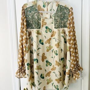 Cato Green & Brown Butterfly Cottagecore Billowy Chiffon Boho Blouse Plus 22/24W
